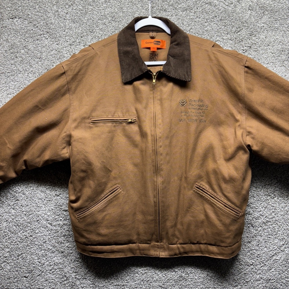 Cornerstone Jacket Mens XL Brown Duck Canvas Lined Detroit Work Wear Chore Logo